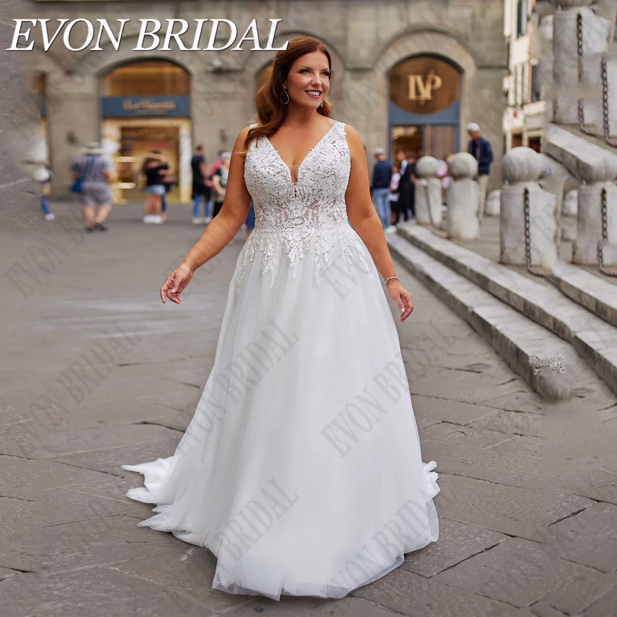 

EVON BRIDAL Large Size Sleeveless Wedding Dress For Woman V-Neck Lace Up Robe De Mariée Applique A-Line Boho Bride Gowns Custom