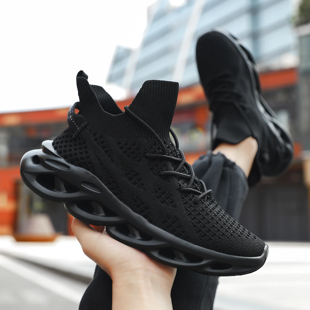 Men's Mesh Knit Walking Shoes, High Top Slip On Sneakers, Breathable Lightweight Shock Absorbing Street Shoes