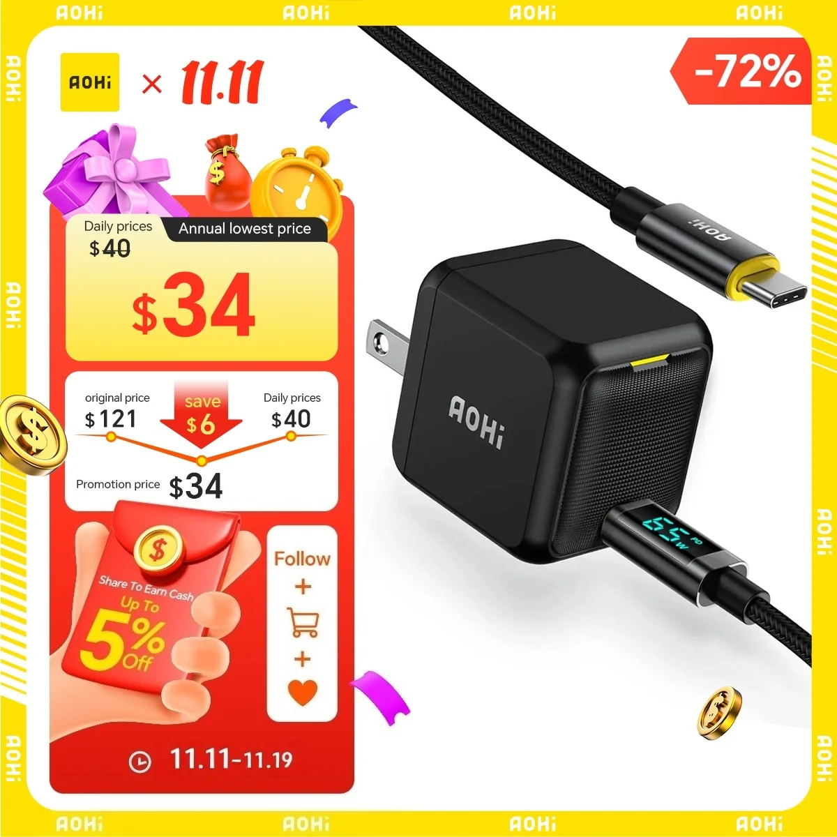 

AOHI Magcube 65W GaN+ Charger Set UFCS USB C Charger for iPhone Laptop Macbook Air Tablet with LED Cable PD3.1 Fast Charger