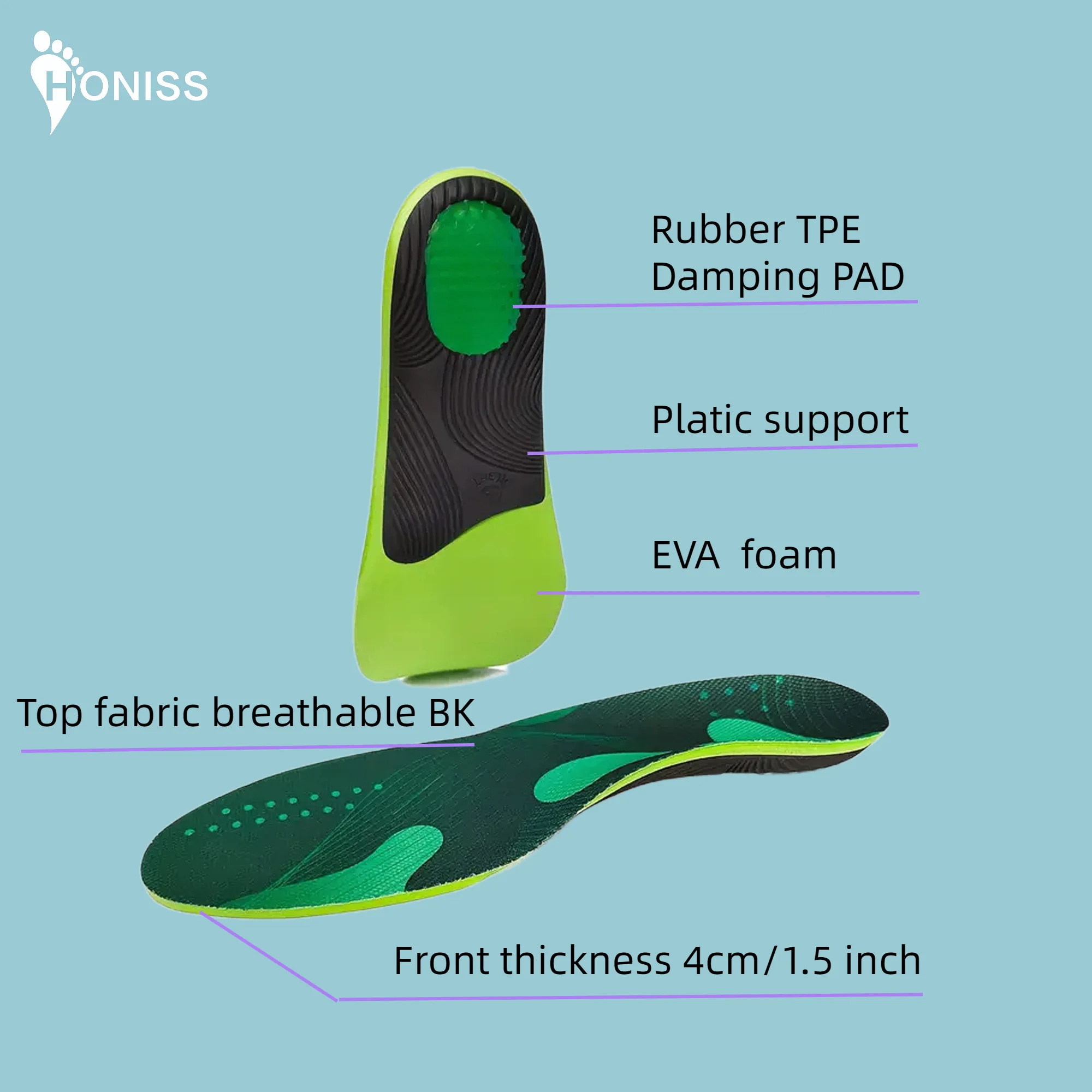 1 pair of flat arch support PU foam green breathable elastic insole long pad suitable for men and women