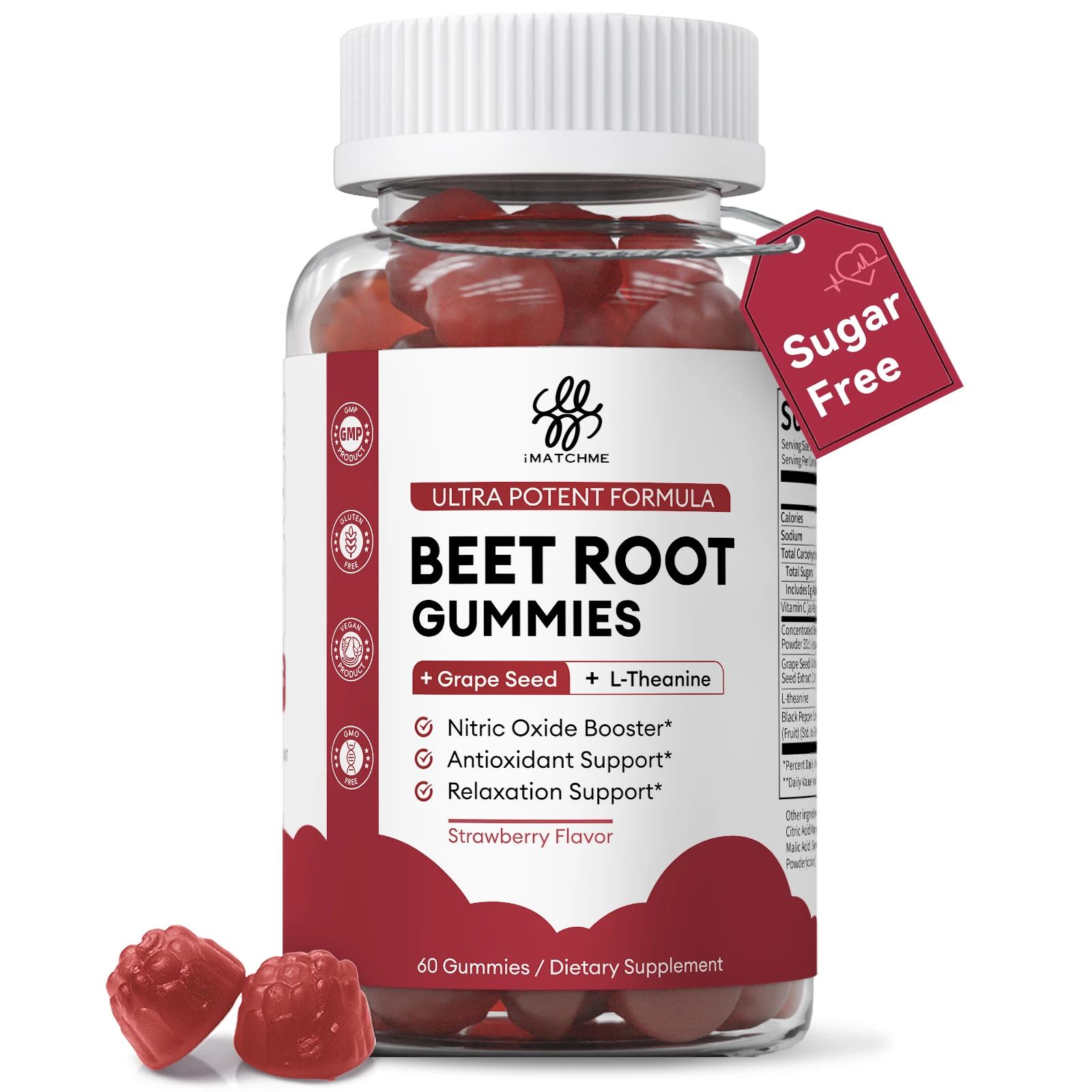 iMATCHME Beet Root Gummies with Grape Seed & L-Theanine Support Circulation, Calm Focus & Daily Energy