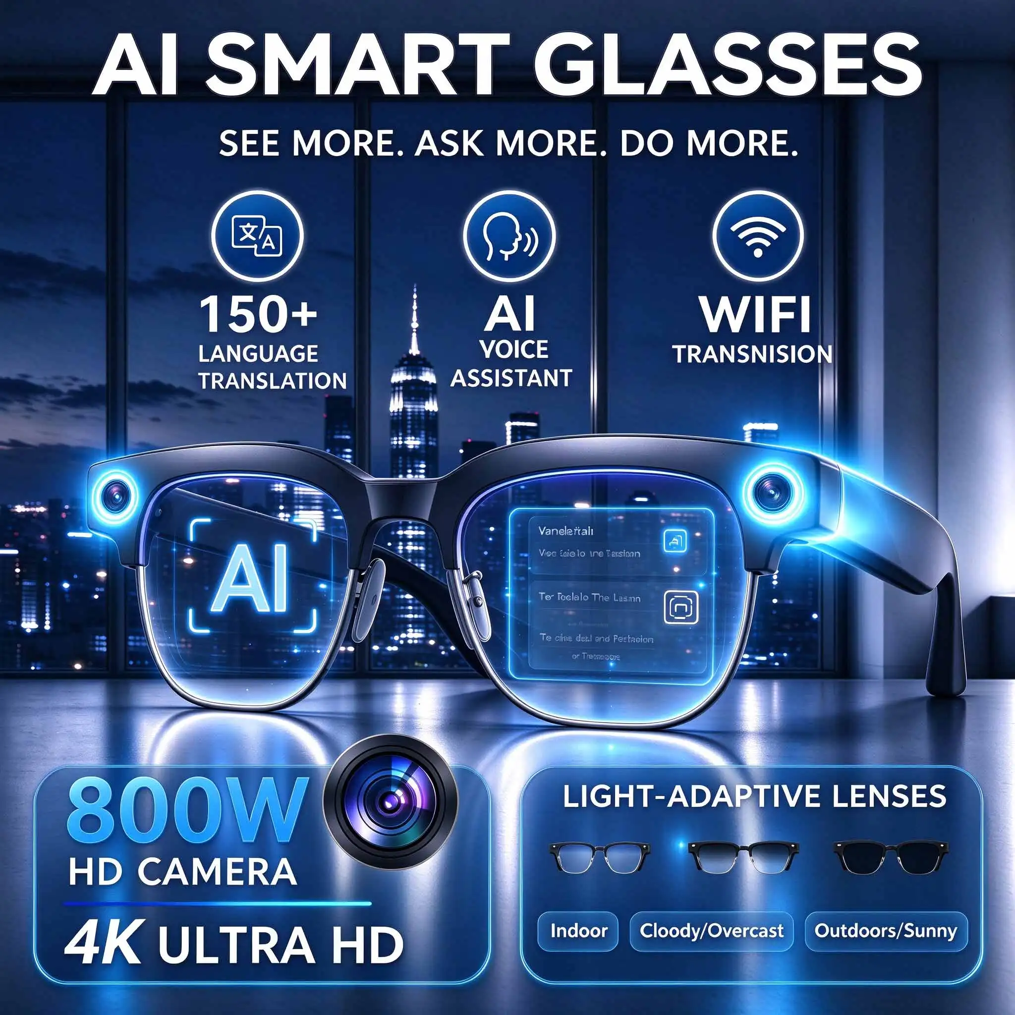 GUHUAVMI Lunettes intelligentes avec caméra pixel 800w, best-seller, traduction en plus de 120 langues, reconnaissance photo par IA, appels Bluetooth, lunettes de soleil légères avec musique