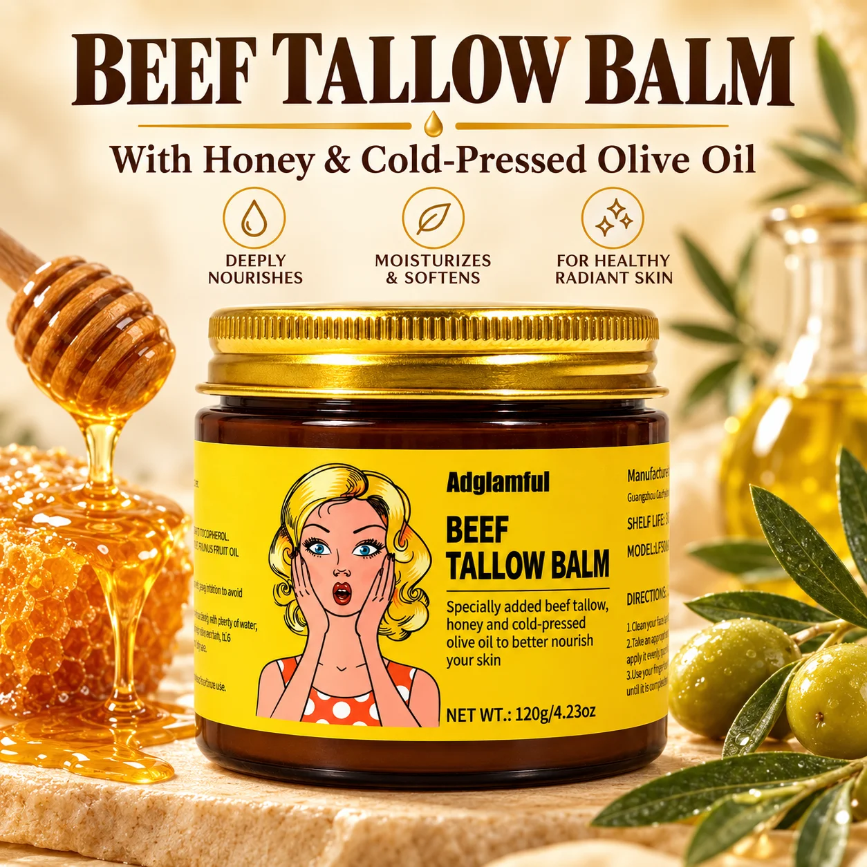 Adglamful Beef Tallow Balm 120g with Honey & Cold-Pressed Olive Oil, Moisturizing Skin Balm for Dry Skin