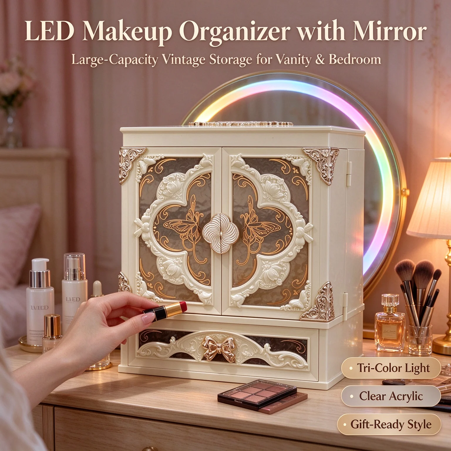 Llluminated Makeup Organizer Mirror 3 Color Brightness Large Capacity Makeup Storage Cabinet Vintage Cosmetic Box for Women Girl