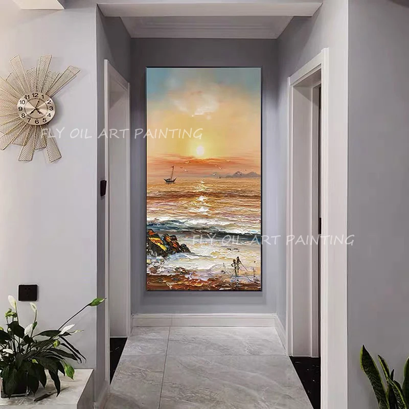 

Hand-painted mdoern ocean seaside shore seascape handmade with sunset scenery Oil Paintings for Living Room Home Decoration