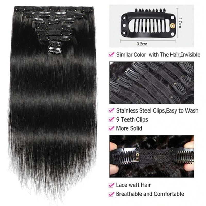 Straight Clip In Hair Extension Human Hair 120g 8Pcs/Set 100% Natural Human Hair Clip In Extensions Full Head Brazilian Hair