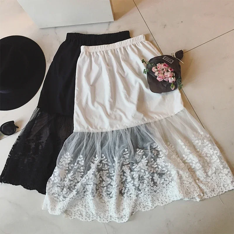 2024 Women Lady Lace Slip Casual Skirt Knee Length Natural Waist A-Line Floral Underskirt Petticoat Fashion New White Black — zdjęcie 2