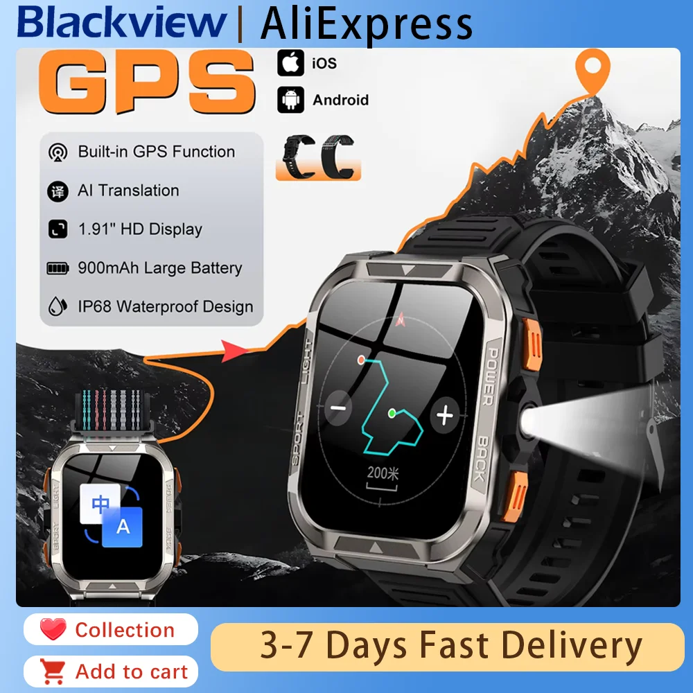 Blackview W80pro Positionierungs-GPS-Smartwatch mit Taschenlampe, 1,91'' Display, 900mAh Akku, Kompass, robuste Outdoor-Smartwatch für Herren