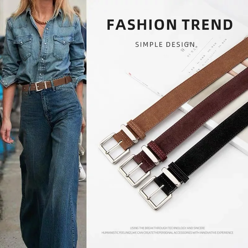 Vintage Suede Leather Belt for Women Genuine Cowhide Belts with Sliver Buckle Perfect for Jeans & Dresses Skinny Belt