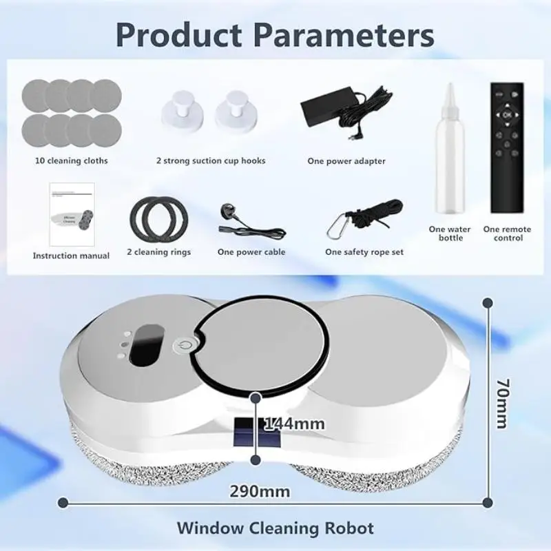 Robot intelligent de nettoyage de vitres, télécommande, machine de nettoyage de vitres entièrement automatique, forte aspiration et corde de sécurité anti-chute, nettoyage de vitres en hauteur, tous les accessoires, machine de nettoyage de vitres