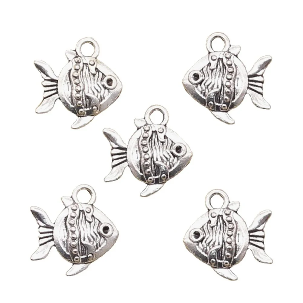 12 sztuk Charms dwustronna ryby Goldfish 14x15mm antyczny wisiorek Fit Vintage tybetański srebrny kolorowe do DIY ręcznie robiona biżuteria — zdjęcie 2