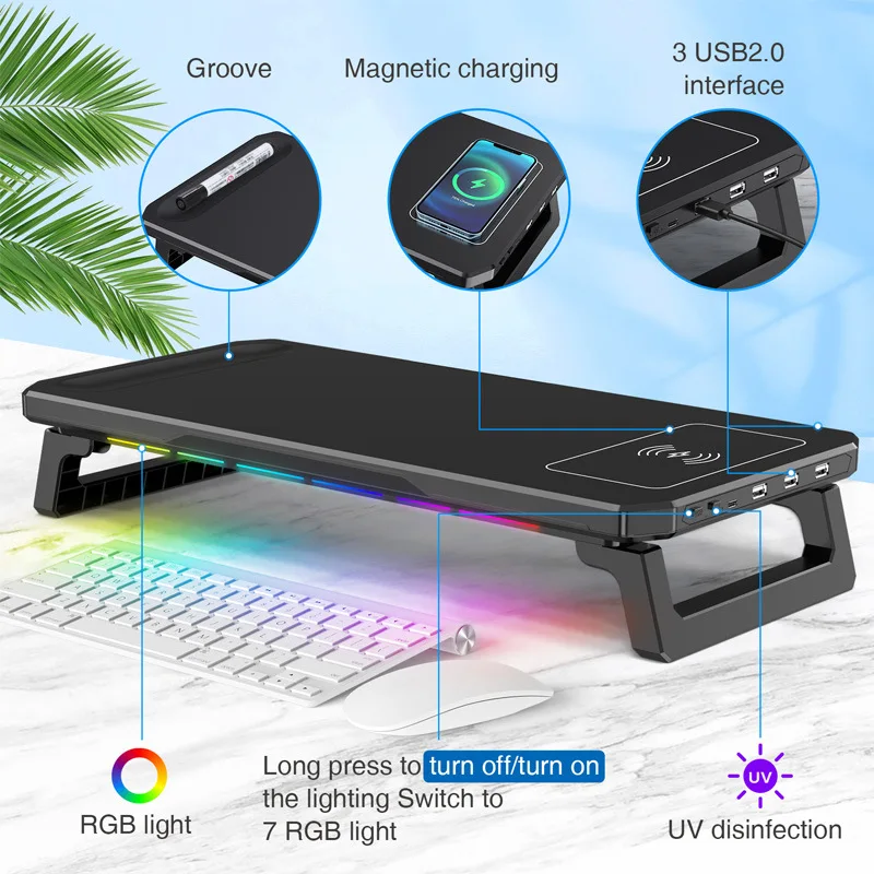 RGB Rechargeable Desktop Monitor Height Stand 3 USB 2.0 Illuminated Universal Laptop Storage Rack with Wireless Charging