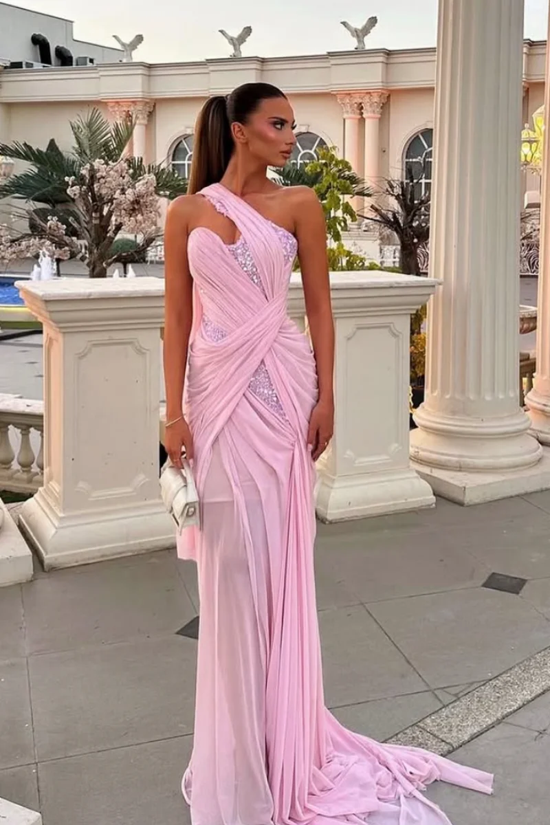 Jessica Glitter Sequins Evening Dresses One Shoulder Pleated Delicate Pink PromDresses Slim Tail Party DressesCustomized