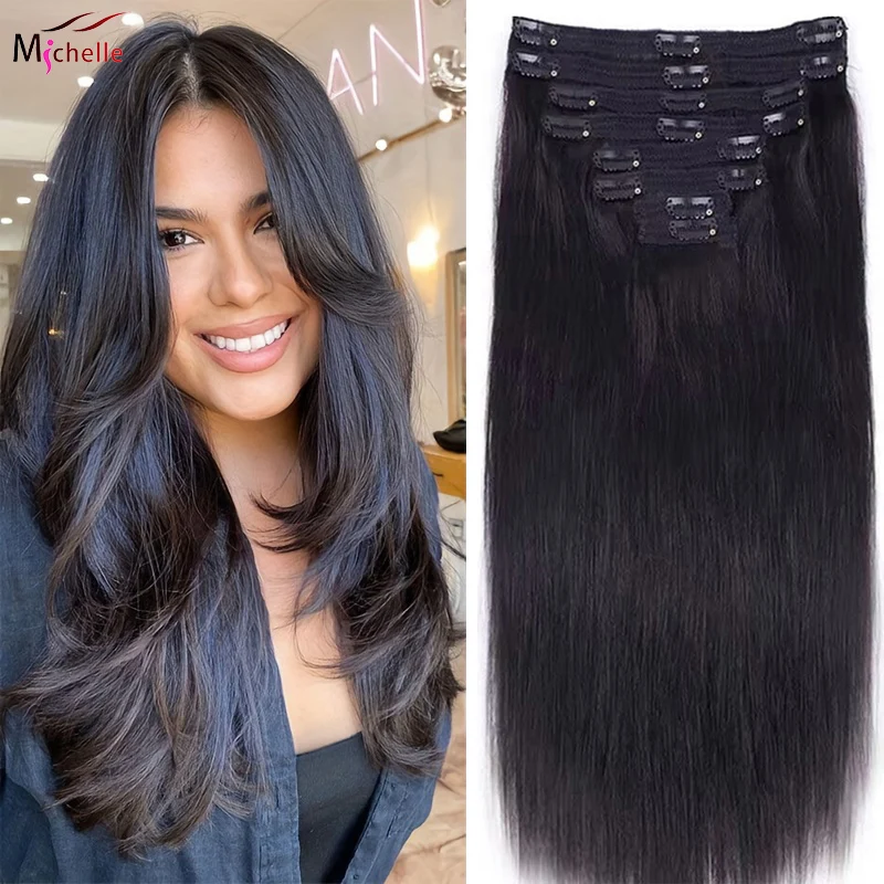 Natural Black Straight Clip In Extensions Human Hair Straight Seamless Cip in 8pcs with 18Clips Full Head 120G Clip In Extension