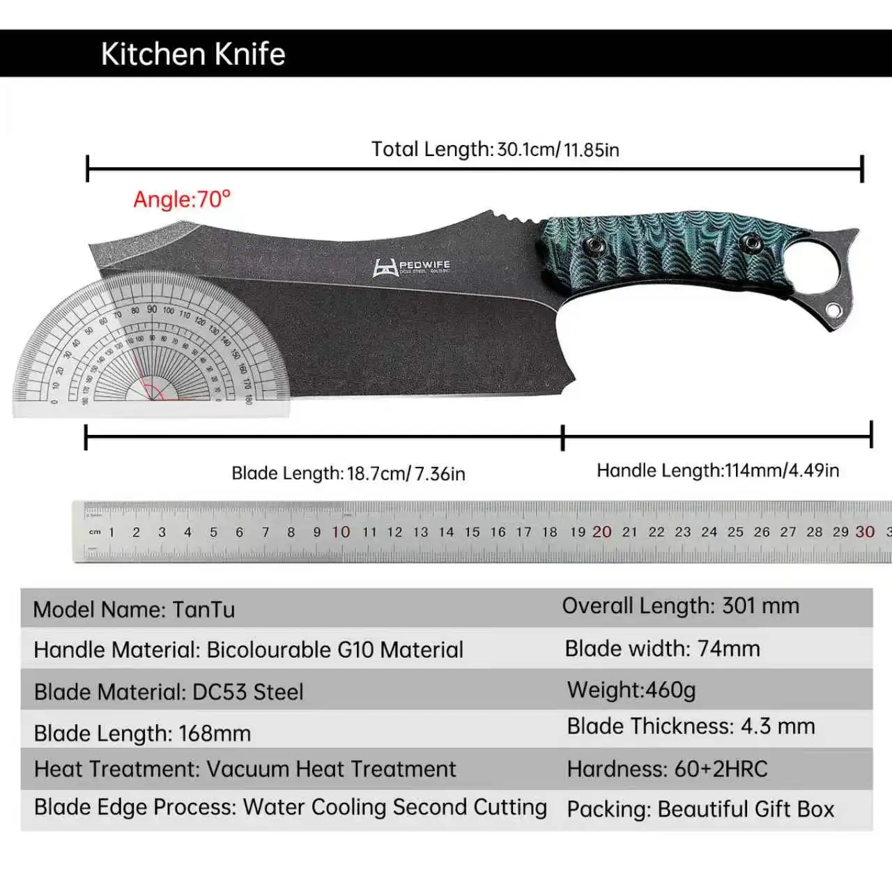 FZIZUO Cleaver Knife DC53 Steel G10 Anti-Slip Handle Kitchen Meat Bone Chopping Knife with Gift Box
