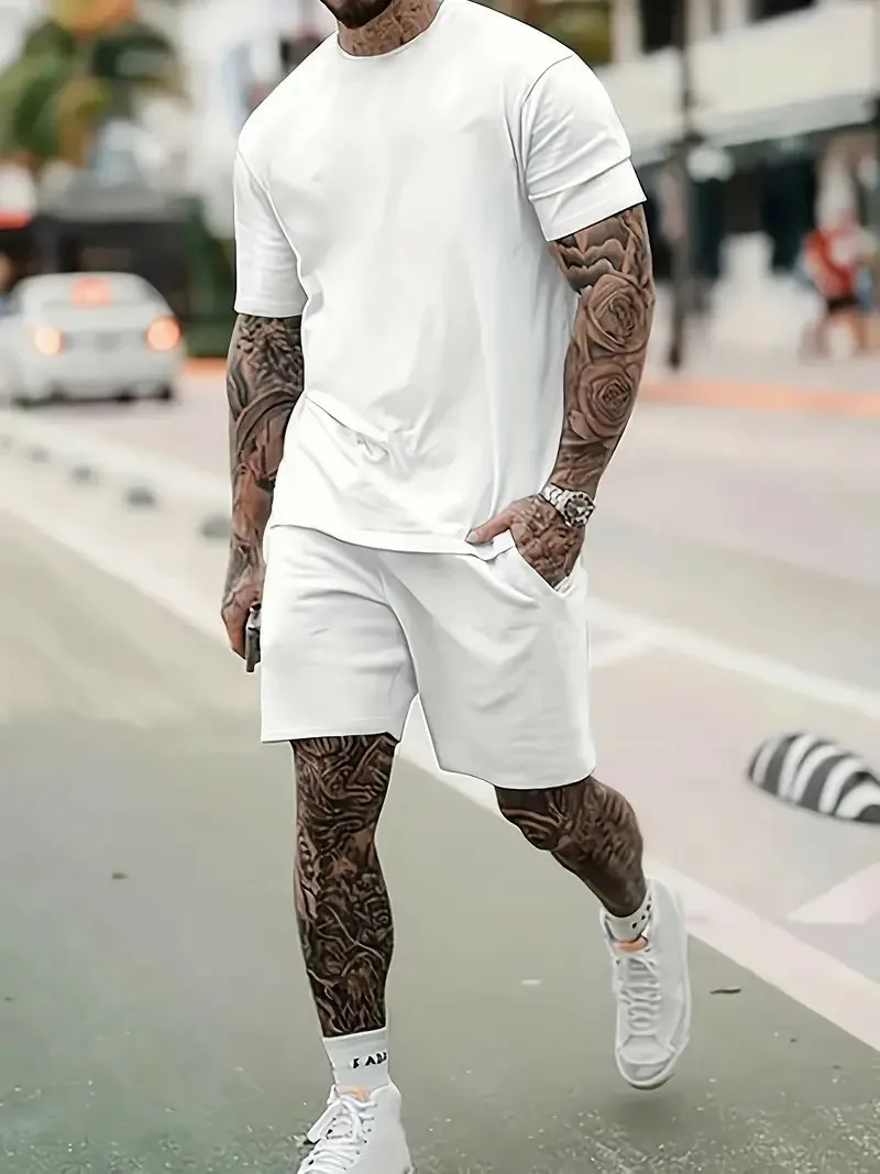 Men\'s Summer Suit Casual Short Sleeve Breathable T-shirt And Drawstring Shorts Set Summer Street Fashion T-shirt Shorts