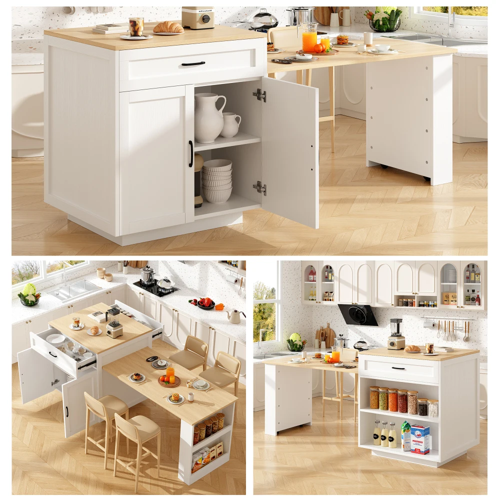 Isla de cocina, mesa de cocina extensible con espacio de almacenamiento, 2 cajones y 2 estantes, carrito de cocina con estantes laterales, blanco
