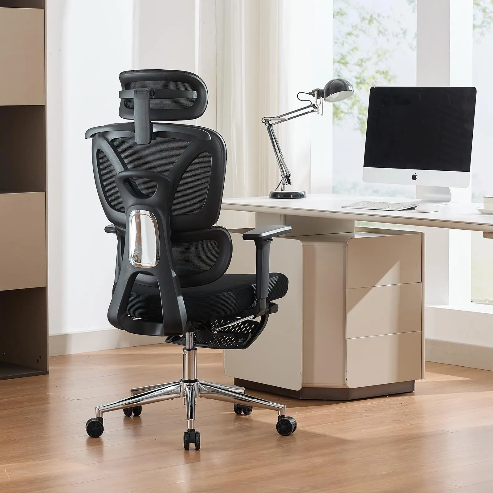 Chaise de bureau ergonomique pour le bureau et le bureau à domicile - Appui-tête réglable, accoudoirs 3D, dossier en maille respirante, support lombaire confortable, siège large - Noir
