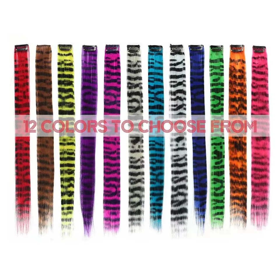 Set de 3 extensiones de cabello sintético con rayas de colores, largas y rectas, con clip, para uso diario, fiestas y Halloween 4