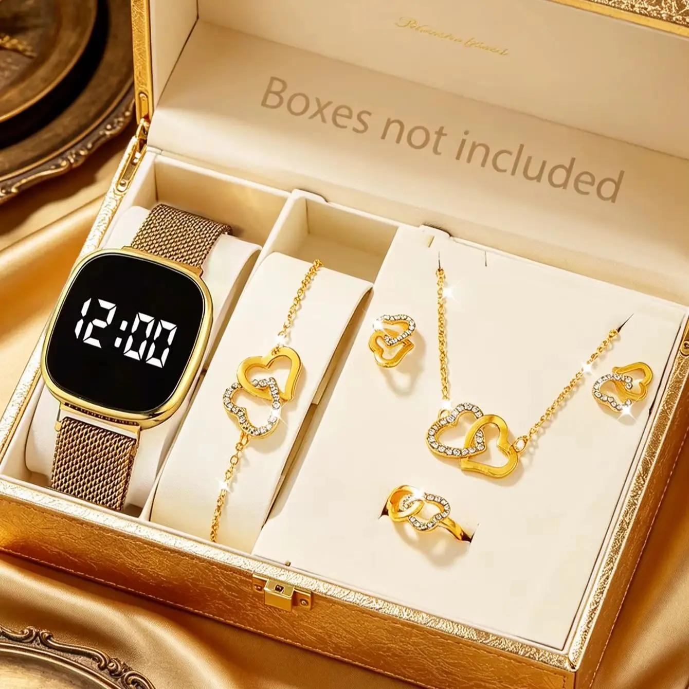 6-Piece Set of Fashionable Women's Elegant Sports Electronic Watches, Milanese Strap with Magnetic Clasp, No Smart Display Function, Love Series Jewelry Set, Exquisite Birthday Gift