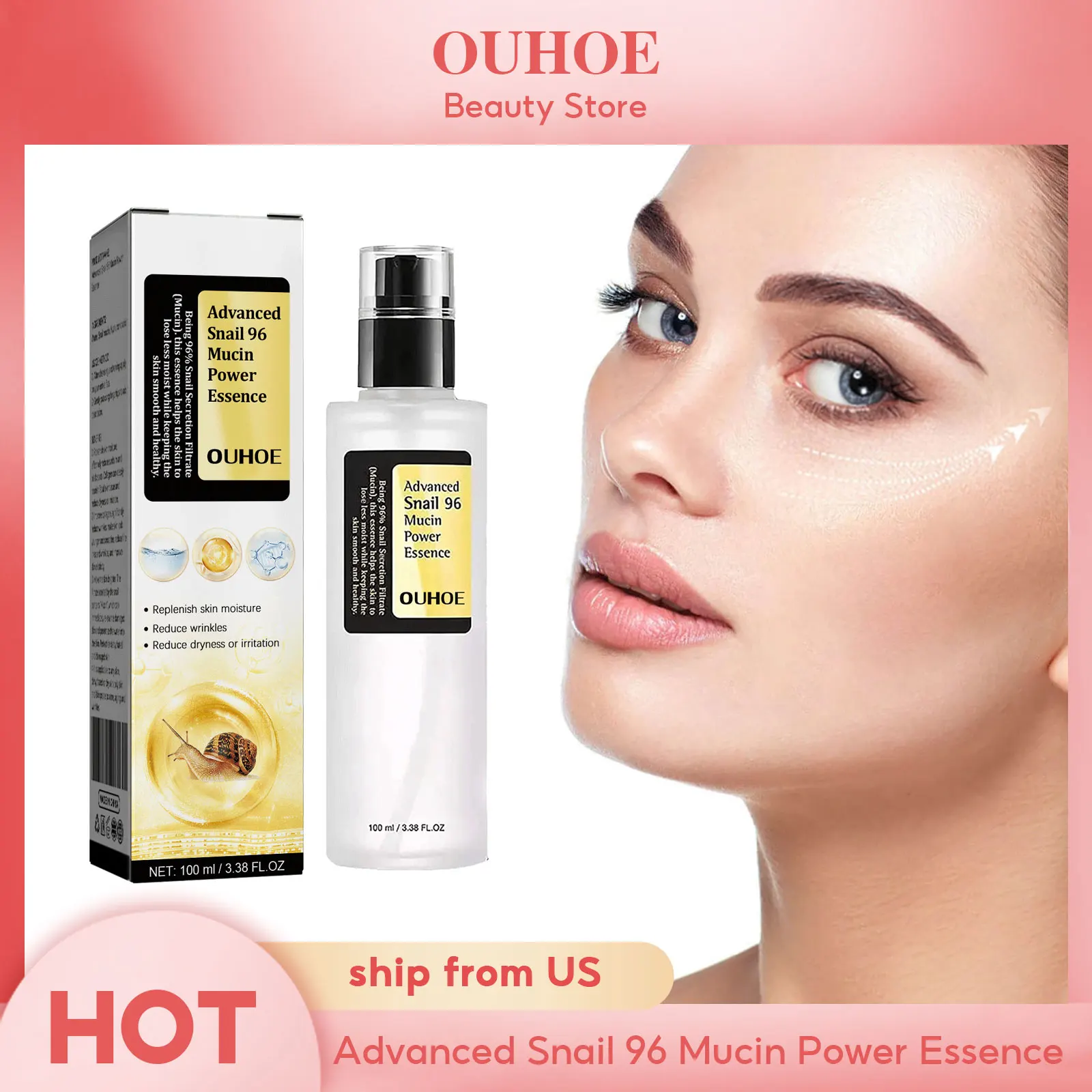 OUHOE Advanced Skincare Anti Aging 96% Snail Mucus Skin Care Essence Solution Facial Whitening Repair Serum For Sensitive Skin