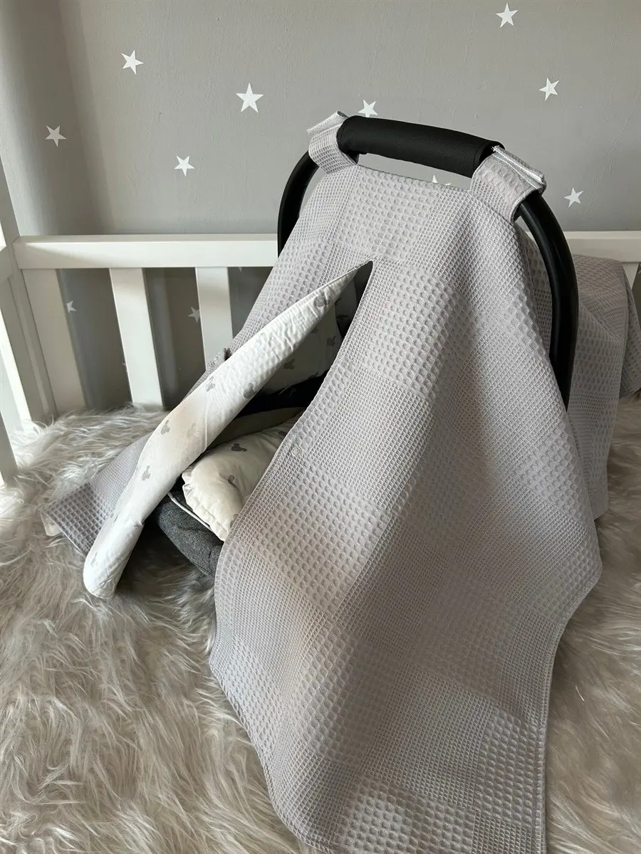 Handmade Gray Waffle Pike and Mickey Pattern Design Stroller Cover and Stroller Cushion