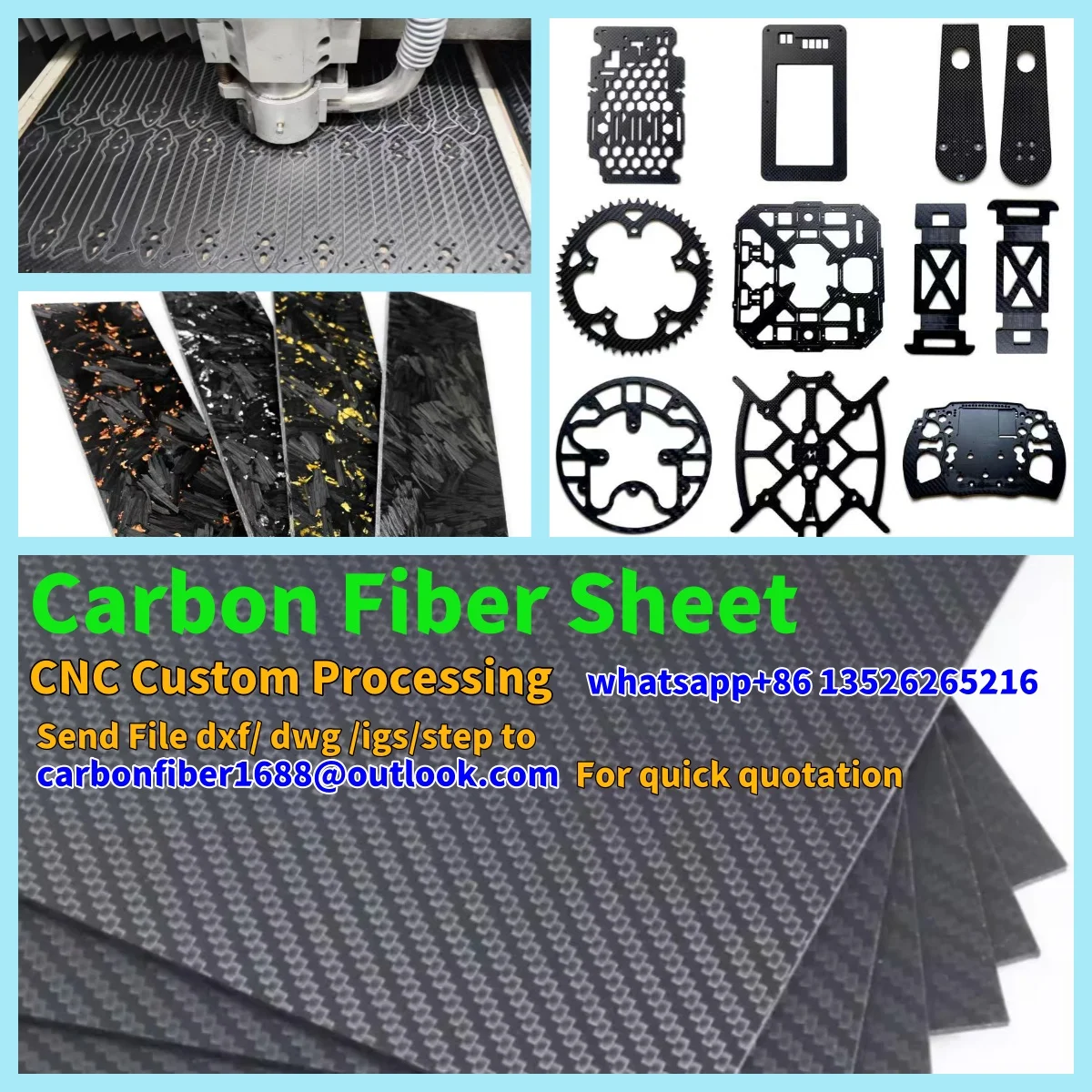 Carbon Fiber Panel Process Sheet Plate CNC Cutting Machining Engraving for Drone FPV Arms Frame Matte Glossy Twill Plain Surface