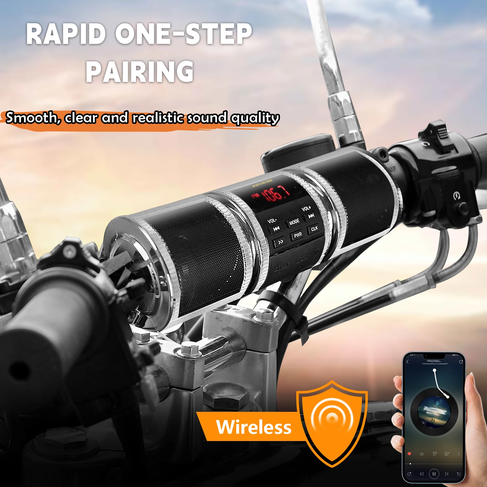 مكبرات صوت ستيريو لمقود الدراجة النارية مشغل MP3 لاسلكي مع بطاقة AUX-IN/USB/TF وراديو FM فضي