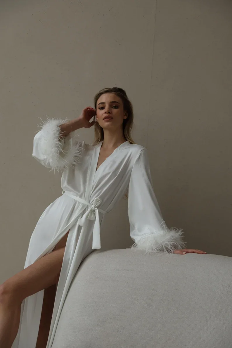 Bride Robe with DETACHABLE Feather Sleeves Long White Satin Silk Robe for Wedding Day Morning Outfits Feathers Dressing Gown