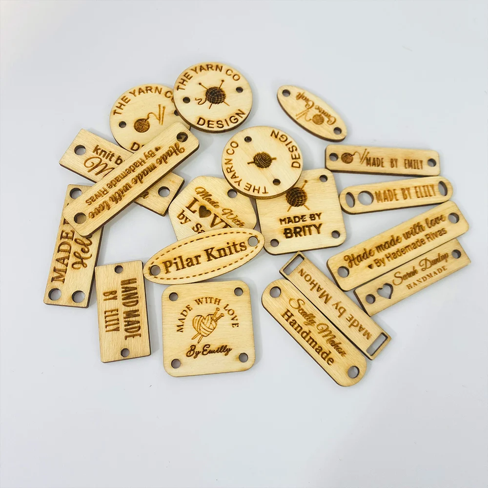 50pcs Wood Tags Handmade Wooden Label Knitting Labels Engraved Button Tags Crochet Craft Supplies DIY Laser Engraved Tags