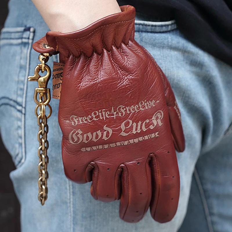 Retro Motorcycle Gloves with Chain for Men, Cowhide Leather, Full Fingers, Brown, Wine Red, First Layer, S3516