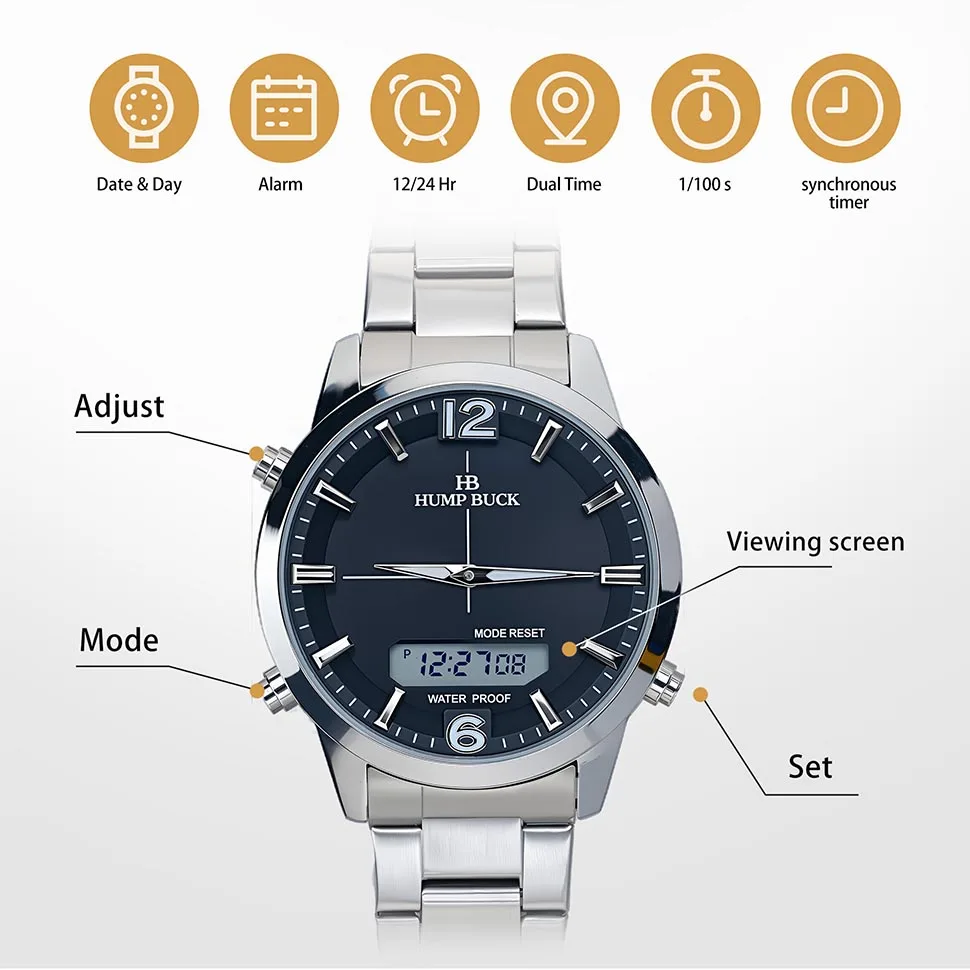 HUMPBUCK Watch Minimalist Wristwatch for Men Waterproof Dual Display Watch with 1/100 Second Precision Casual Sports Wristwatch