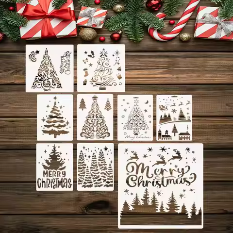9Pcs Christmas Tree Stencil Set 5.9-11.8inch Reusable PET Painting Template for DIY Wall Decor Cards Gift Box Wood Fabric
