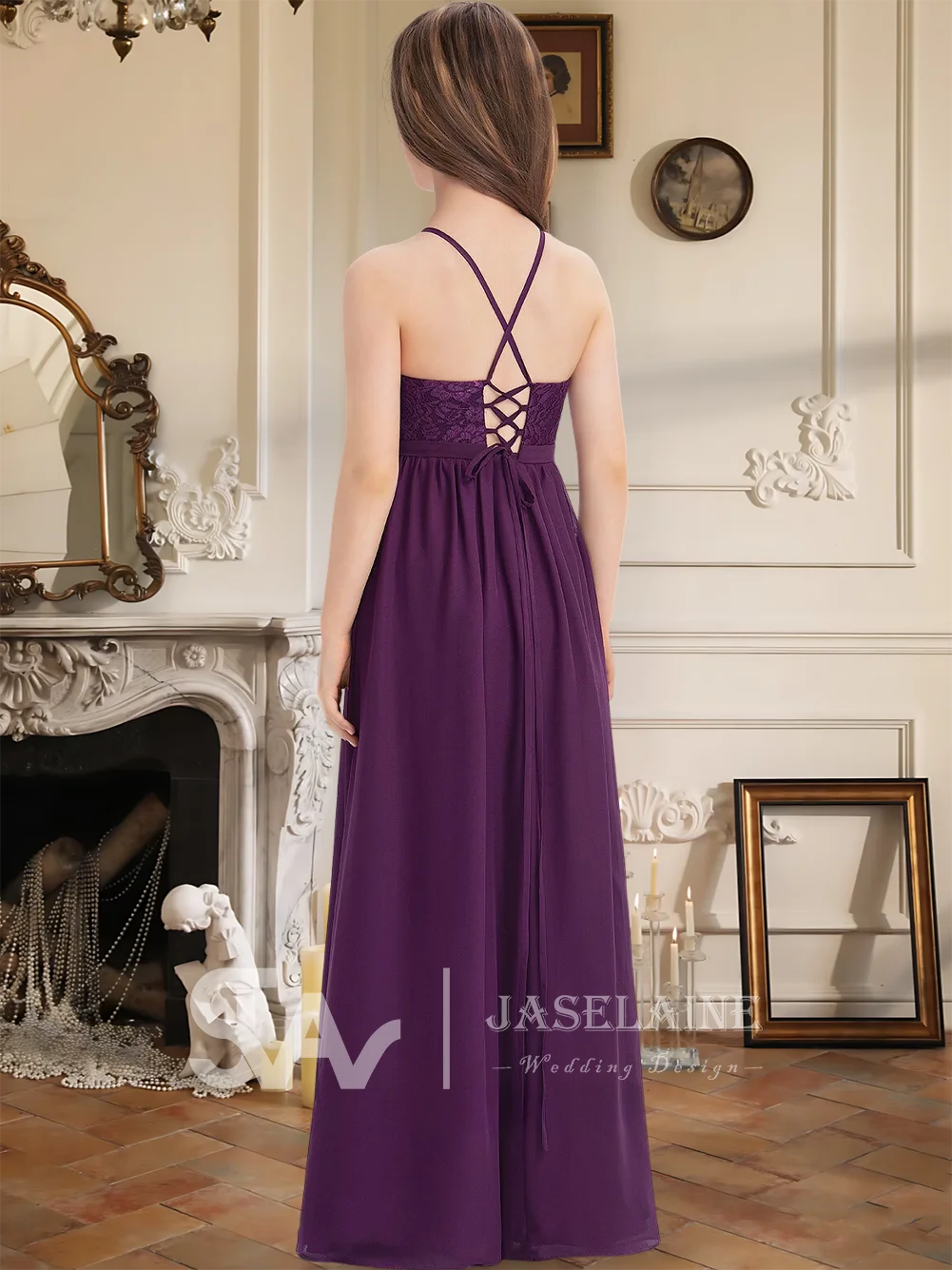 A Elegant A Line Square Floor Length Chiffon Lace Junior Bridesmaid Dress Grape With Bow Flower Girl Dress Girls Wedding Party