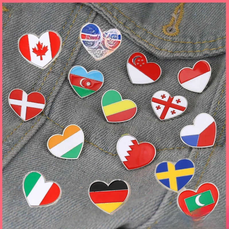 Najnowsze przypinki z flagą serca Niemcy Włochy Kanada Szwecja Niemcy Gruzja Stany Zjednoczone Indie Czechy Dania Emalia Broszka Prezent — zdjęcie 2