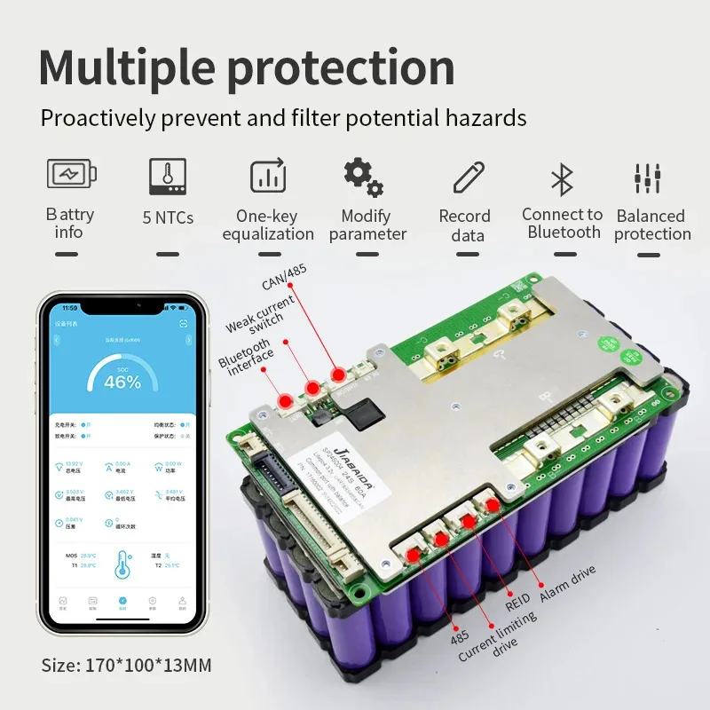 JIABAIDA Smart BMS 8S-24S Li-ion LiFePo4 10S 13S 14S 16S 20S Battery 40A-200A Charge Protect BT UART RS485 CAN Balance JBD BMS