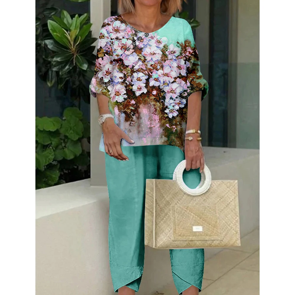 New Elderly Women\'s Summer Two Piece Suit Grandma Clothes Middle Aged Mother Half Sleeve Shirt Long Pant Female Outfit Plus Size