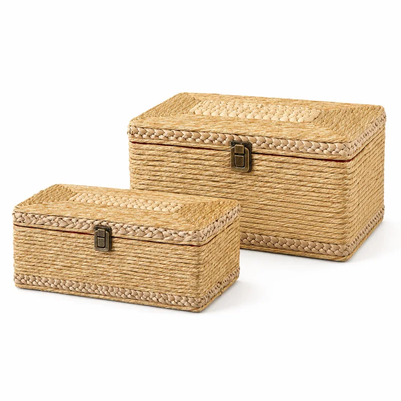2Pcs Vintage Rattan Storage Box Set with Lids Woven Decorative Organizer Baskets for Jewelry Keepsakes Bedroom Rustic Home Decor