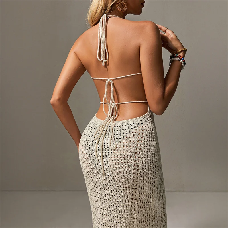 Damen Slim Fit Langes Bandage-Strickkleid mit tiefem V-Ausschnitt, Neckholder, Schnür-Badeanzug, gehäkelt, Strand-Bikini-Vertuschung, sexy Sommer-Badebekleidung