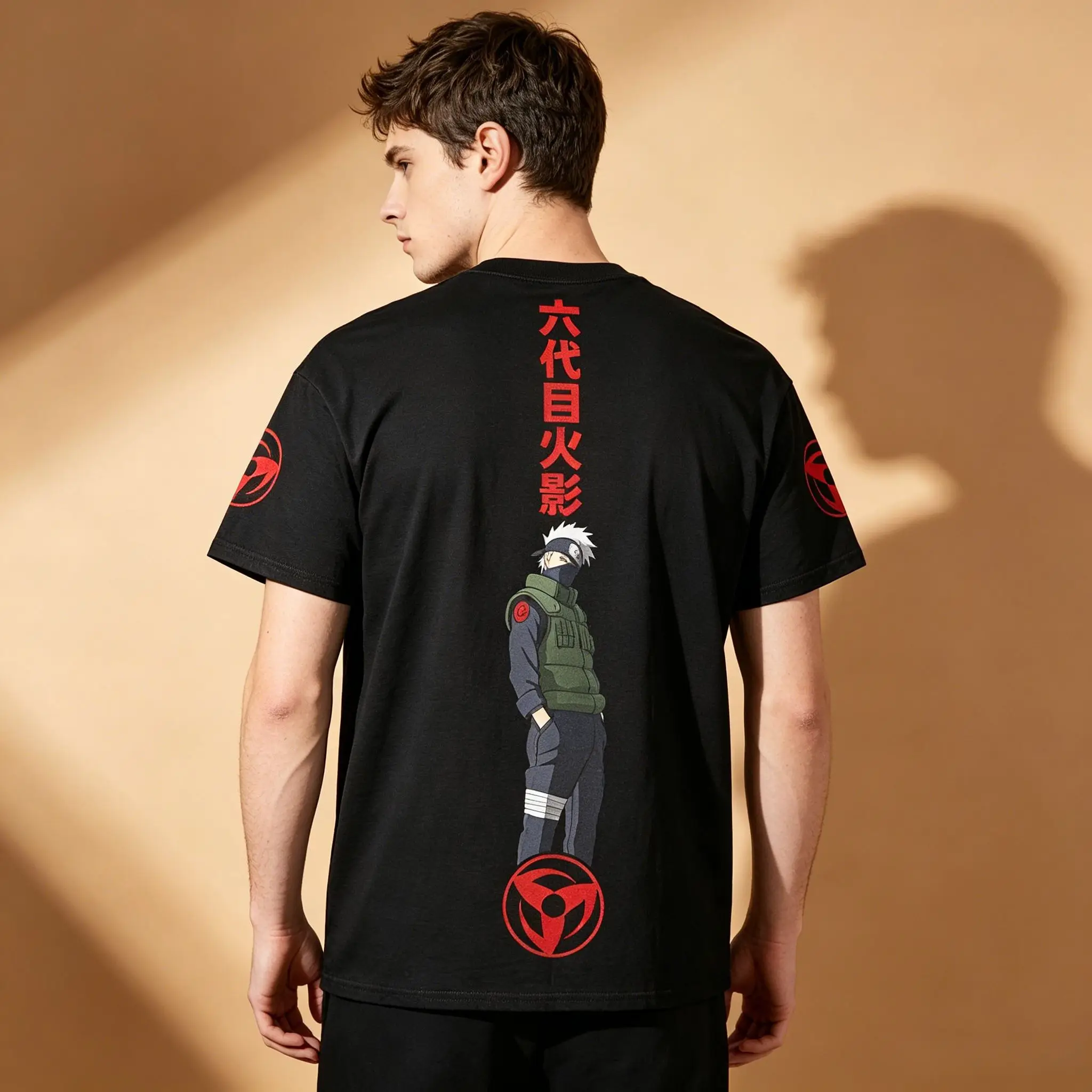 Men's Naruto Kakashi Hatake Susanoo Vintage Box Graphic T-Shirt, Sharingan Symbol Sleeve Anime Otaku Streetwear Short Sleeve Cas