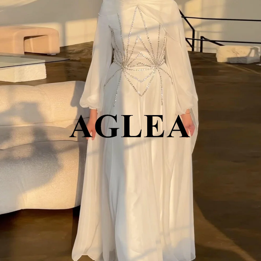 AGLEA-vestido de graduación blanco de Arabia Saudita, traje sencillo de cuello alto hasta el suelo, de gasa con diamantes de imitación, personalizado, 2024