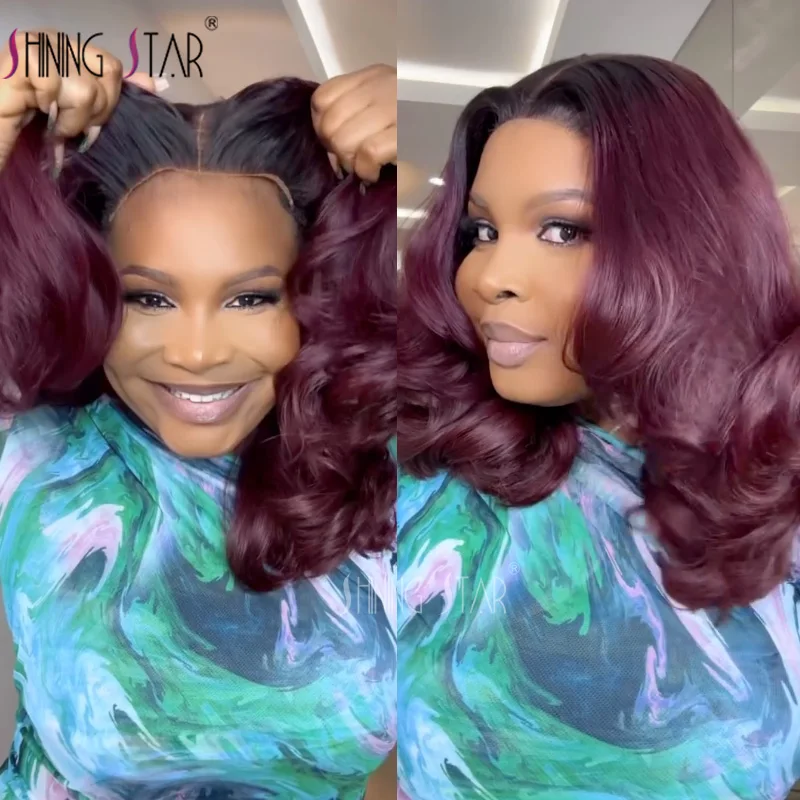 Wear And Go Glueless Human Hair Wig Pre Cut Ombre Burgundy Body Wave Curly 99J 4X4 Lace Closure Front Glueless Wig Ready To Wear