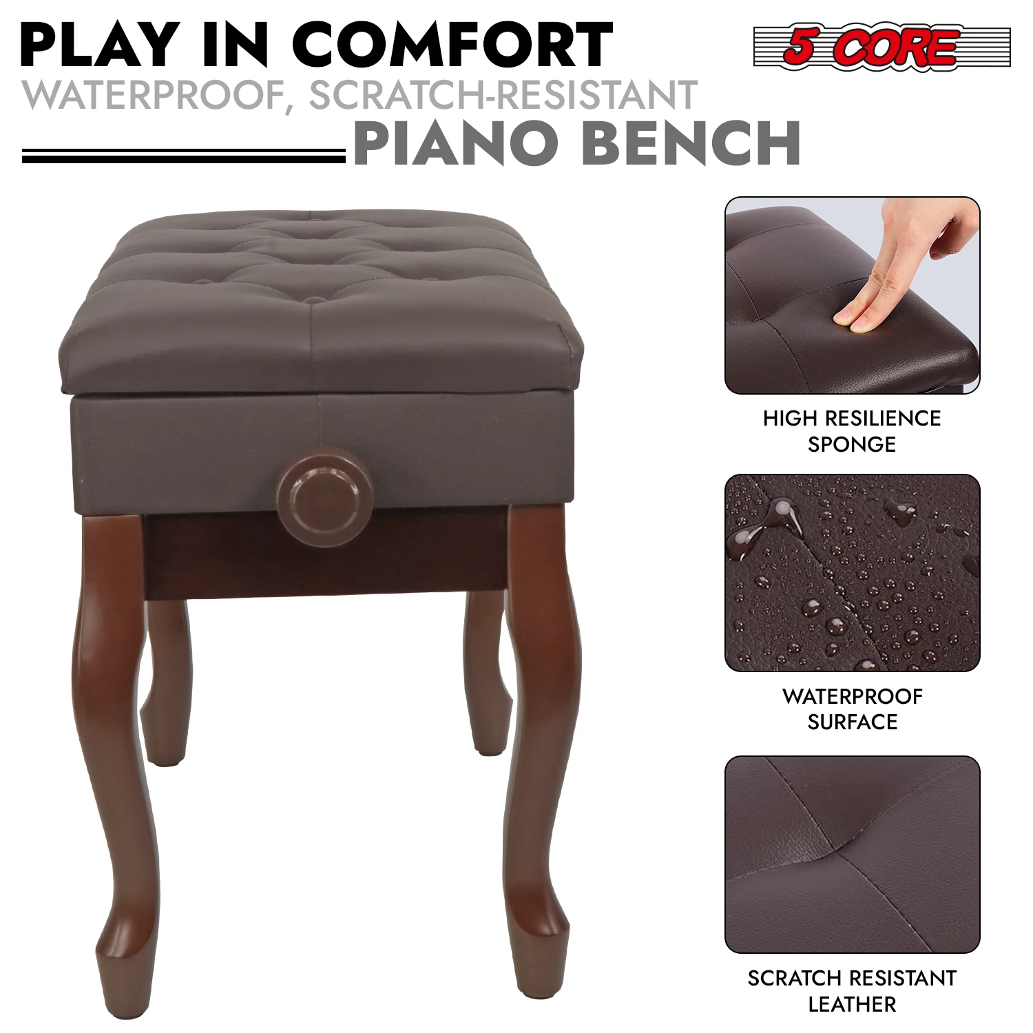 5 Core Piano Bench with Storage Wooden Adjustable Keyboard Stool Heavy Duty Padded Cushioned Seat PNB WD HD BR view 5