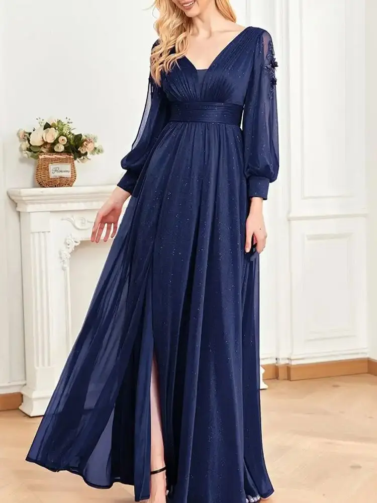 2024 Hot Elegant Applique Blue V-Neck Evening Dress Luxury Long Sleeve Split Front Chiffon Wedding Party Prom Cocktail Dress