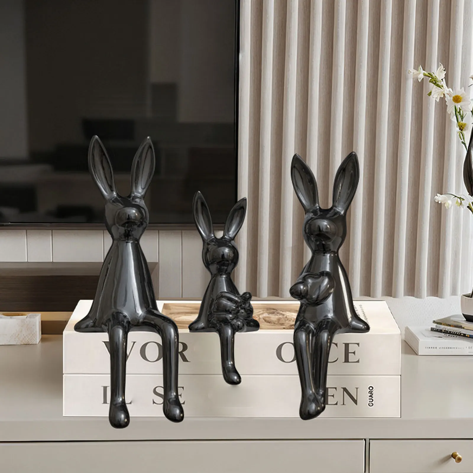 3Pcs Easter Rabbit Statues Figurine 2026 Modern Sitting Bunny Family Sculpture Ornament for Home Room Office Garden Desk Display