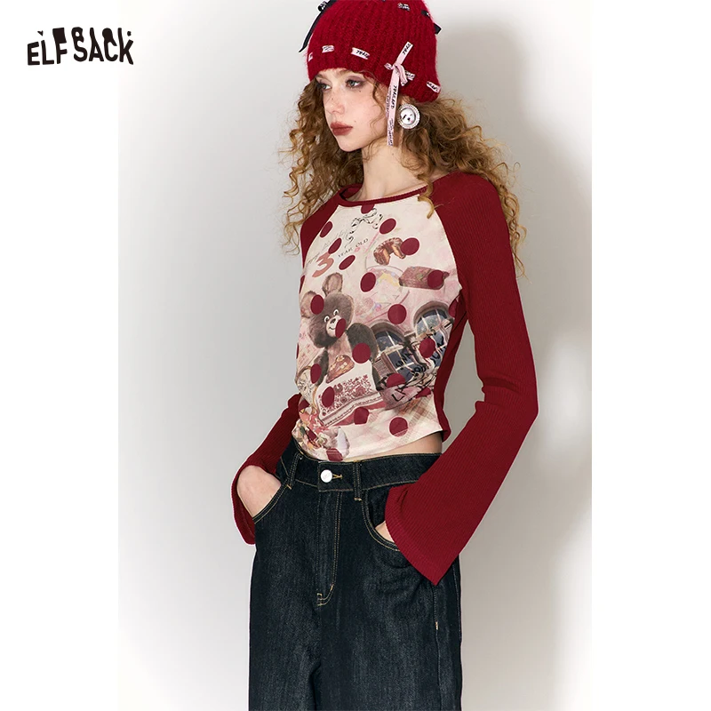 ELFSACK Vintage Sleeve T-Shirt with Polka Dot & Bear Print,  Trendy Cartoon Print Top for Women & Girls
