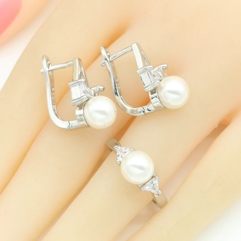 White Pearls Silver Color Jewelry Set for Women Hoop Earrings Necklace Pendant Open Ring Gray Pink Blue 5 Colors Available