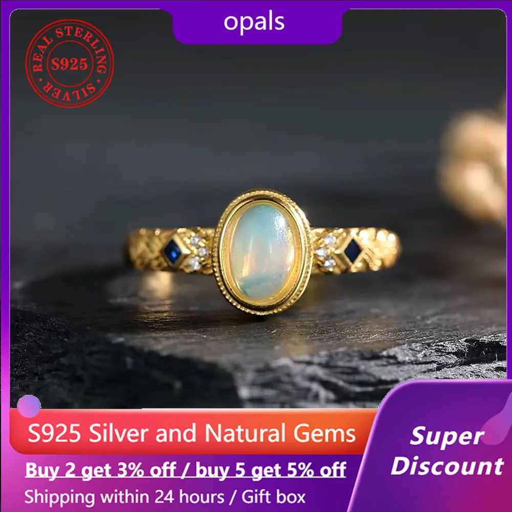 

925 sterling silver ring plated with 18K gold and natural oval opal luxurious exquisite women's ring wedding jewelry accessories