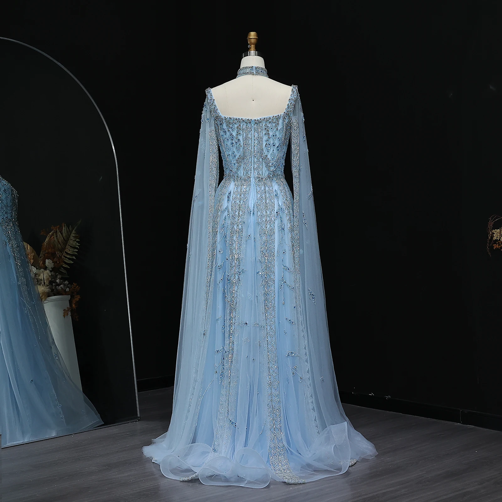 Sharon Said Elegantes Dubai Nude Arabisches Abendkleid mit Cape-Ärmeln Choker Weinrot Hochzeitsfeierkleider SS543 Maßanfertigung – Detail 30