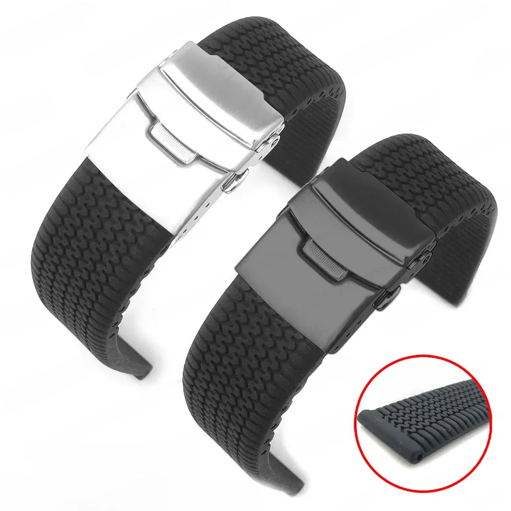 Bracelet universel en Silicone souple noir, 20mm 22mm 24mm, motif de pneu, Sport découpable, étanche, bracelet de montre en caoutchouc, boucle pliable en métal